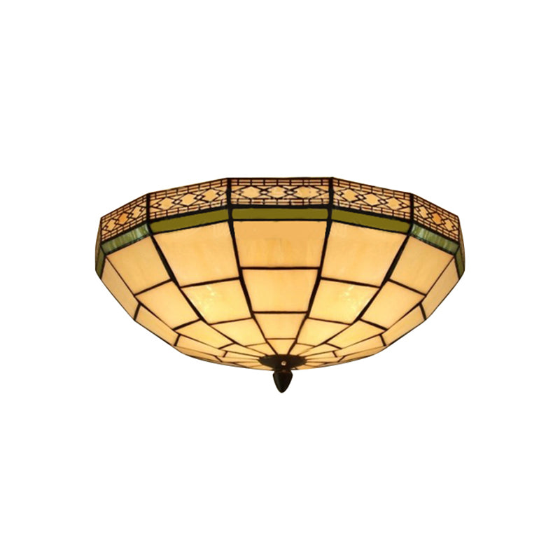 Bowl Flush Ceiling Light 8/8.5/10 Stained Glass 3 Lights In Beige - Traditional Lighting For Living
