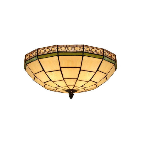 Bowl Flush Ceiling Light 8/8.5/10 Stained Glass 3 Lights In Beige - Traditional Lighting For Living