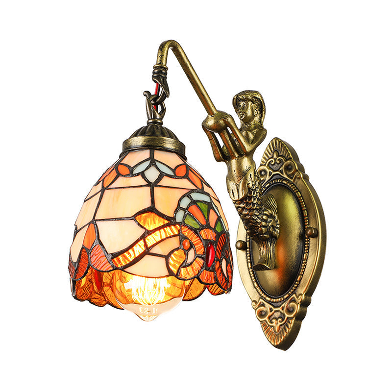 Vintage Dome Sconce Light 5.5 Width Stained Glass Fixture With Mermaid Design - 1