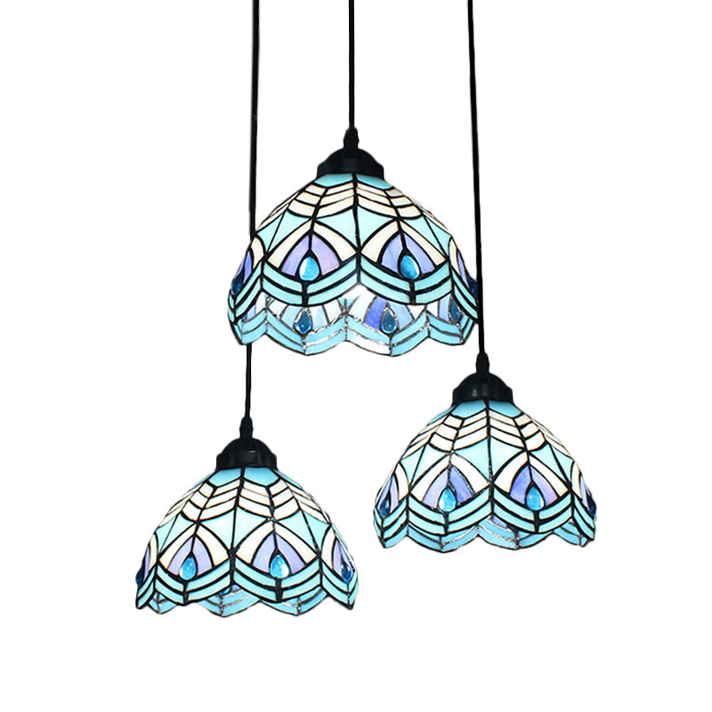 Blue Hand-Cut Glass Pendant Light With Mediterranean Charm - 3 Head Hemisphere Cluster Round/Linear