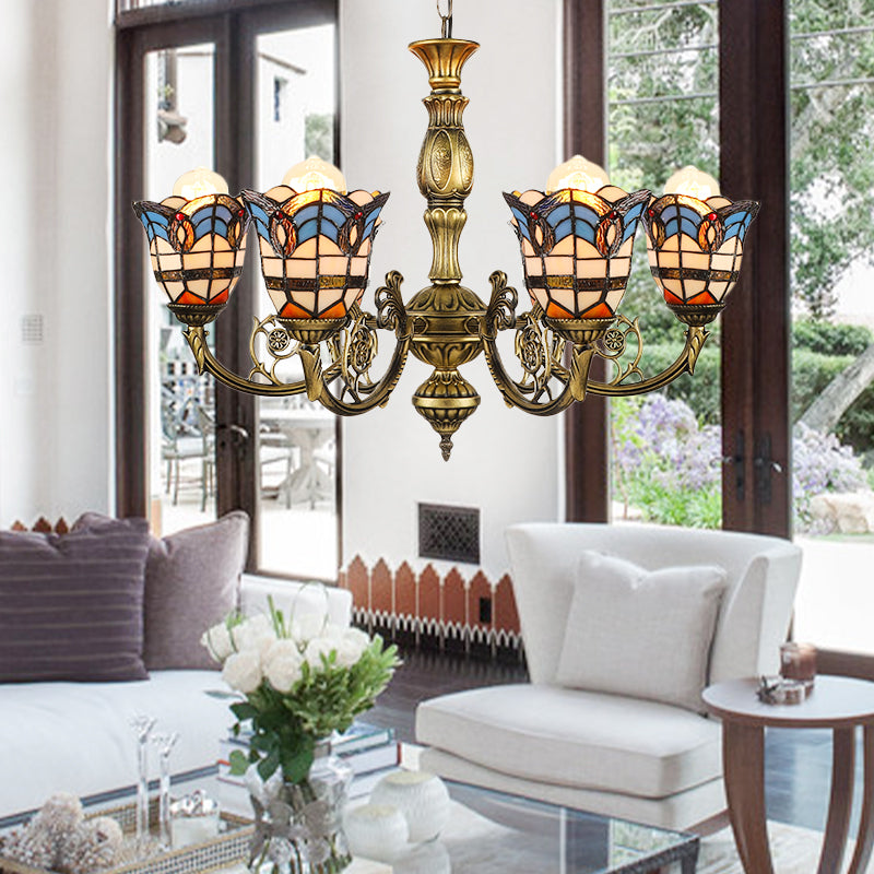 Baroque Peacock Tail Chandelier With 6 Vintage Stained Glass Pendants In Antique Bronze /
