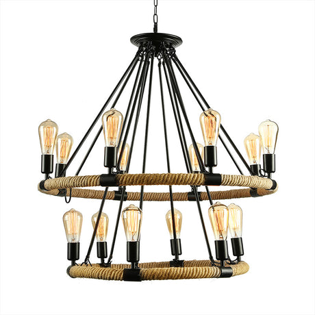 Lodge Style Roped Ring Chandelier Pendant Light With Adjustable Chain - 6/8 Heads In Black