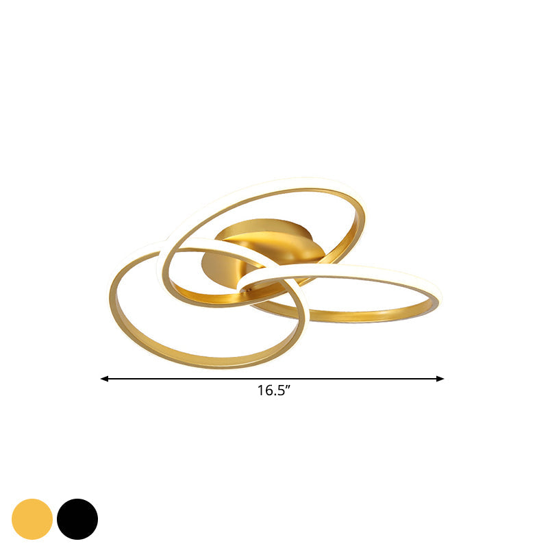 Modern Black/Gold Led Flush Ceiling Light With Metallic Interlocking Rings In Warm/White