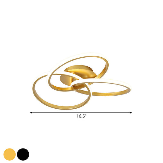 Modern Black/Gold Led Flush Ceiling Light With Metallic Interlocking Rings In Warm/White
