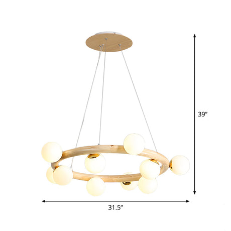 Beige Global Ceiling Lamp: Modern Frosted Glass Pendant Chandelier With Wood Circular Design (8/10