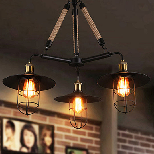 Nautical Flared Chandelier: 3-Head Metal Ceiling Light With Rope - Black Restaurant Fixture