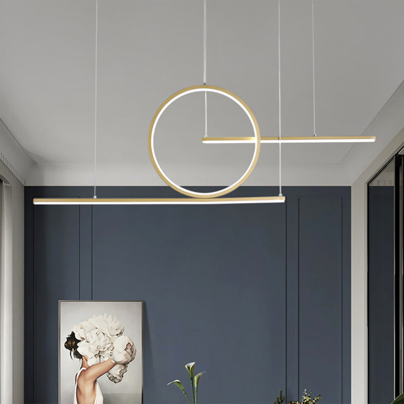 Modern Led Restaurant Island Lamp In Black/Gold With Circle & Linear Metal Shade - Warm/White Light