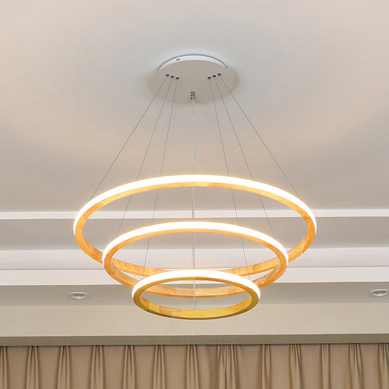 Minimalist Wood Rings Chandelier Pendant Light – Beige Led 21’/25’ Width