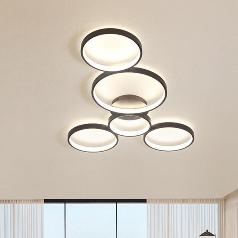 Modern Metal Bubble Rings Flush Mount Led Ceiling Light - 3/4/5-Head Black Surface
