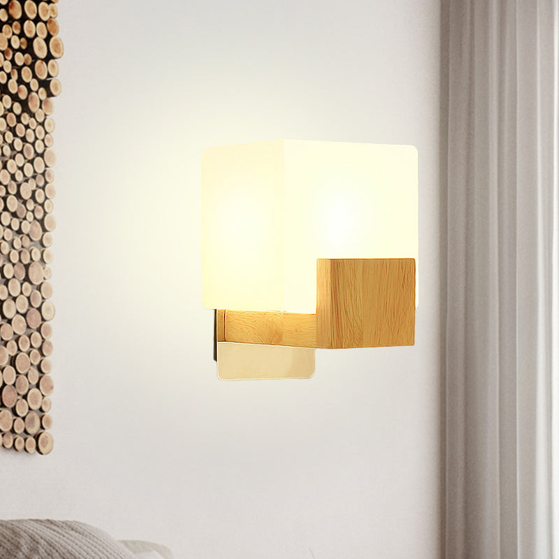 Minimalist Cube Wall Sconce With Opal Glass And Wood Detail