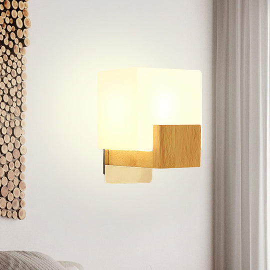 Minimalist Cube Wall Sconce With Opal Glass And Wood Detail