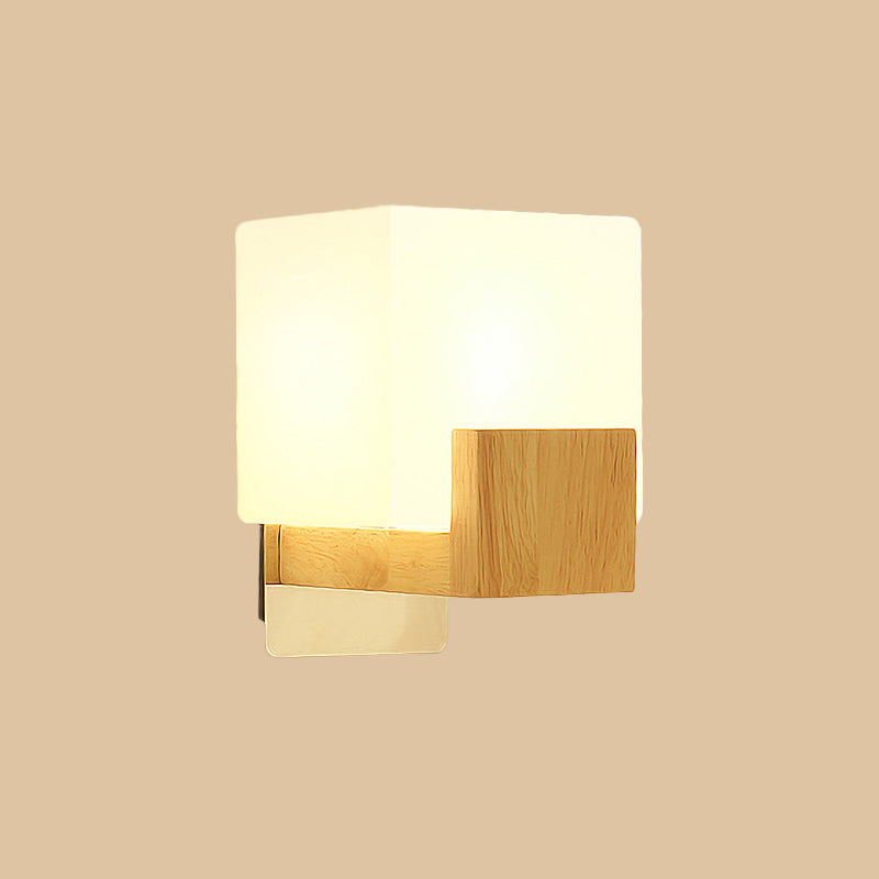 Minimalist Cube Wall Sconce With Opal Glass And Wood Detail
