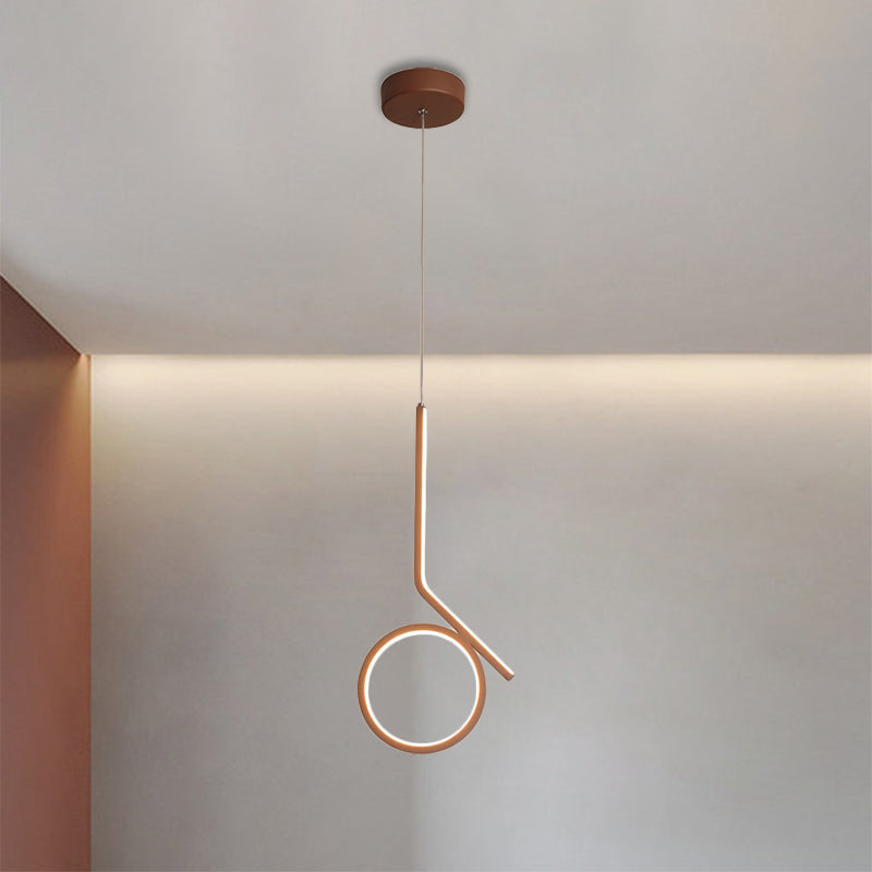 Round And Bent Linear Pendant Metallic Led Ceiling Fixture - Modernism Design In Brown Warm/White