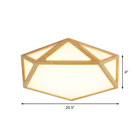 Pentagon Parlor Led Ceiling Fixture – Minimalist Flush Lamp In Beige With Wood Frame -