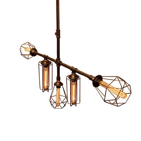 Rustic Metal Pipe Chandelier With Black Cage Shade - 5 Lights Bedroom Ceiling Fixture’