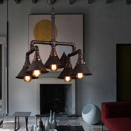 Vintage Conical Chandelier Lamp - Elegant 5-Light Metal Ceiling Fixture In Rust For Dining Room