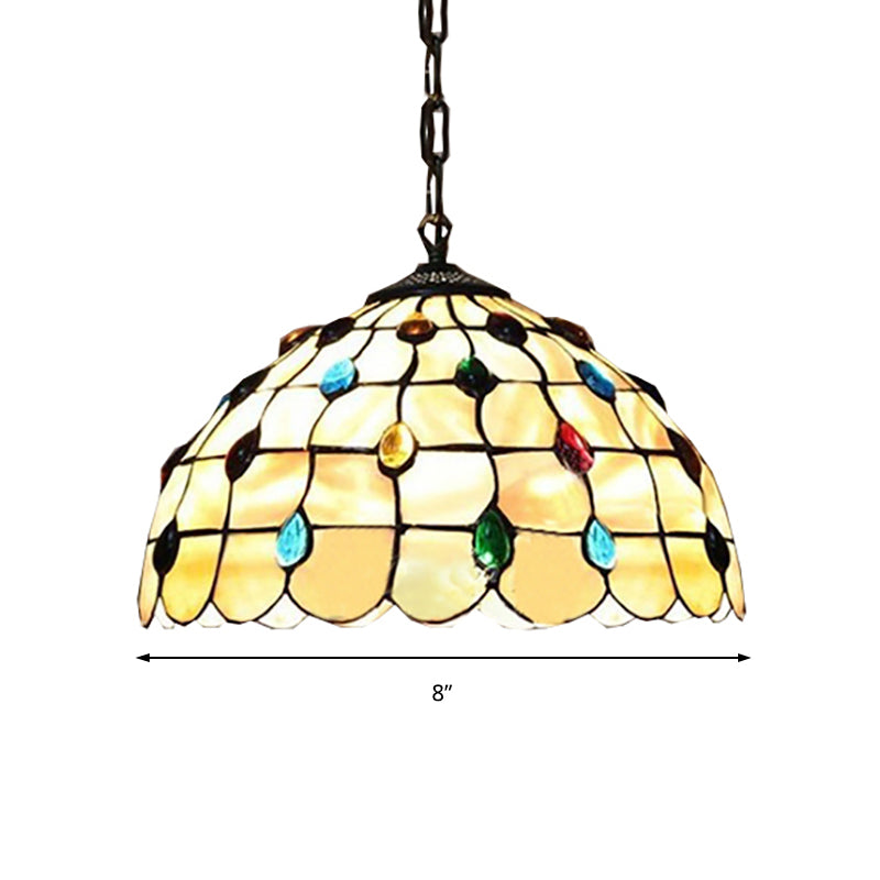 Tiffany Beige Pendant Light With Stained Glass Shade - Elegant Study Ceiling Fixture