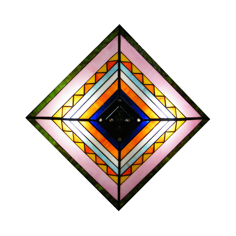 Craftsman Stained Glass Flush Ceiling Light - Multicolored Pyramid Design 2 Bulbs Foyer Mount
