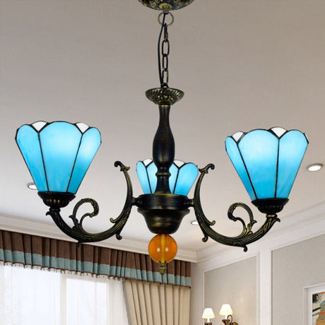 Vintage Sky Blue Stained Glass Chandelier - Conic Shape 3 Lights Decorative Hanging Light For Living