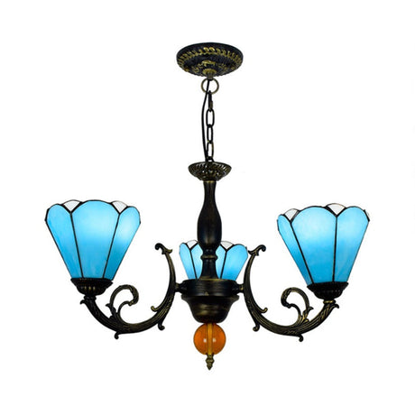 Vintage Sky Blue Stained Glass Chandelier - Conic Shape 3 Lights Decorative Hanging Light For Living