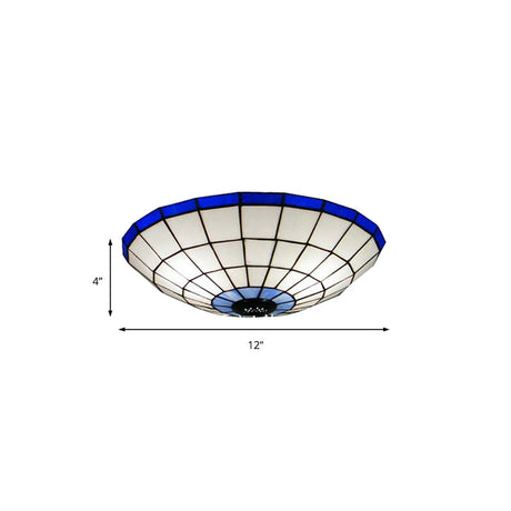 Tiffany Style Stained Glass Flush Mount Light In Blue - Perfect For Living Room 3 Width Sizes