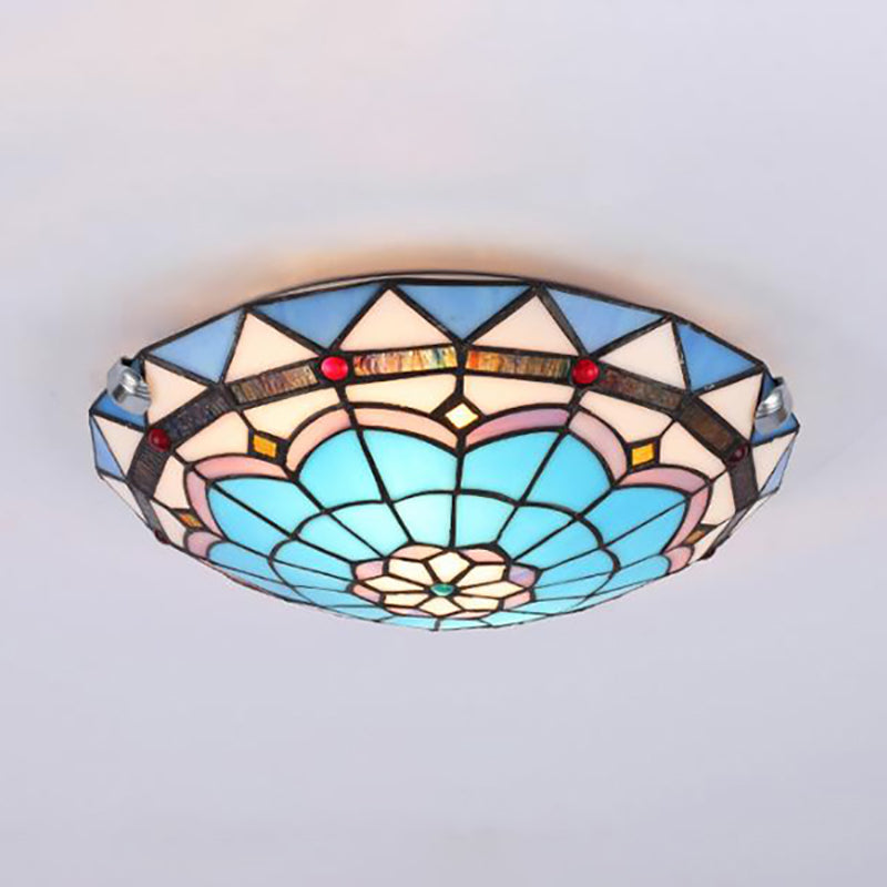 Baroque Bowl Flush Mount Stained Glass Ceiling Light In Blue/Blue - Brown - 12’/16’/19.5’ Wide