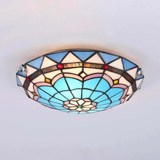 Baroque Bowl Flush Mount Stained Glass Ceiling Light In Blue/Blue-Brown - 12/16/19.5 Wide