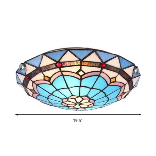 Baroque Bowl Flush Mount Stained Glass Ceiling Light In Blue/Blue - Brown - 12’/16’/19.5’ Wide