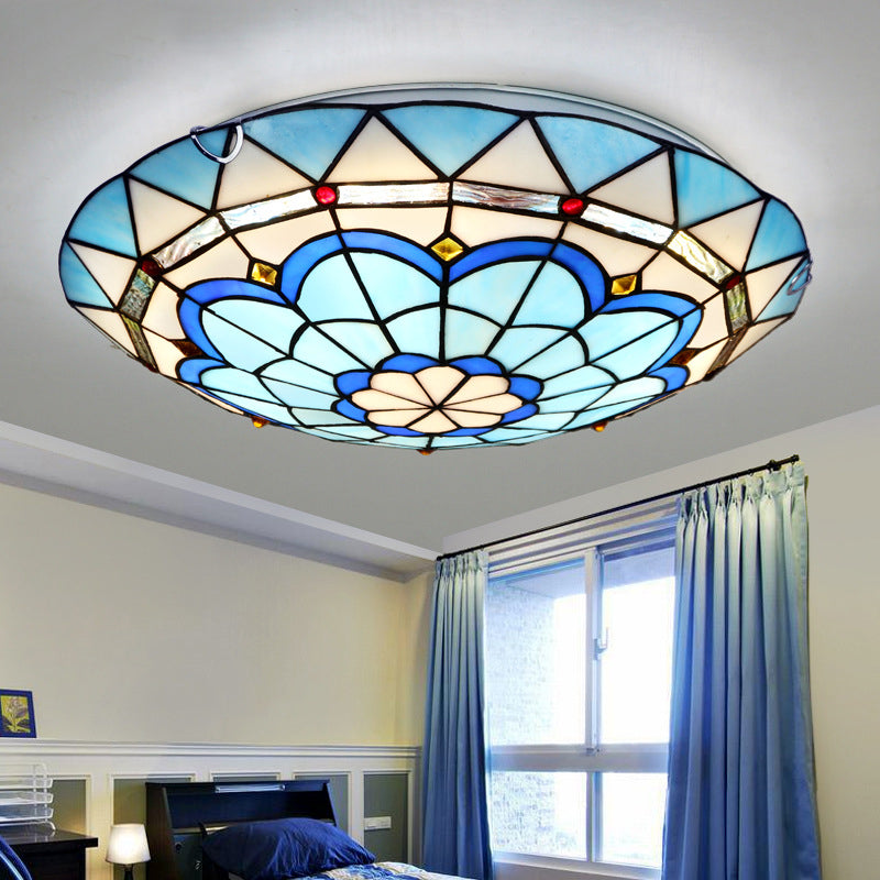 Baroque Bowl Flush Mount Stained Glass Ceiling Light In Blue/Blue-Brown - 12/16/19.5 Wide Blue / 12