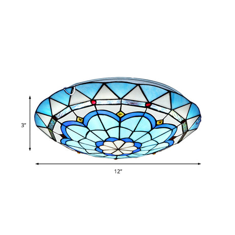 Baroque Bowl Flush Mount Stained Glass Ceiling Light In Blue/Blue-Brown - 12/16/19.5 Wide