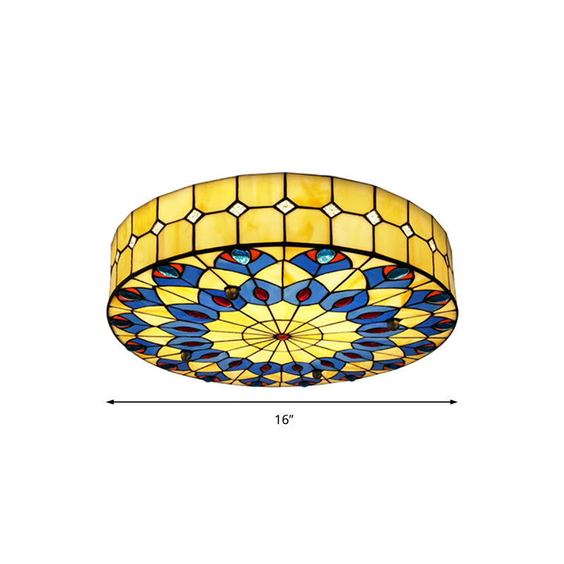 Tiffany Blue Peacock Design Flushmount Ceiling Light For Restaurants - 16/18 Round Shade