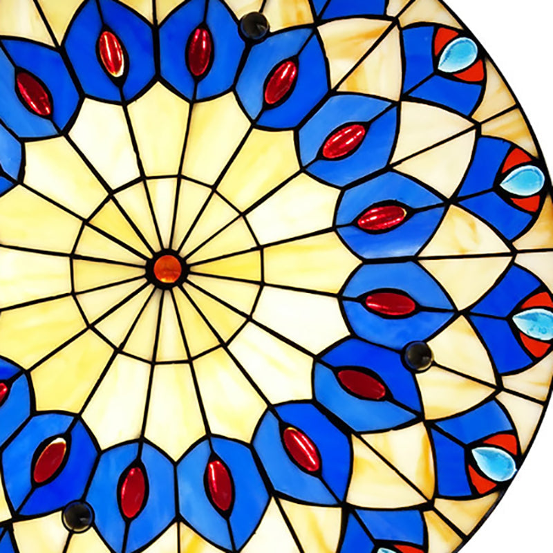 Tiffany Blue Peacock Design Flushmount Ceiling Light For Restaurants - 16’/18’ Round Shade