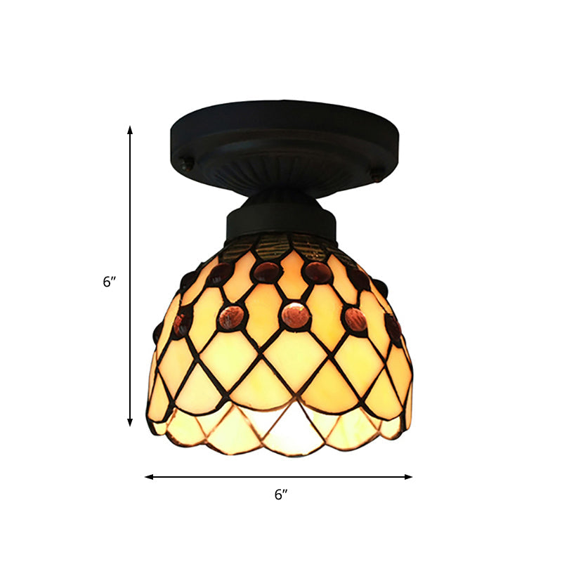 Retro-Style Cup Shade Semi Flush Mount Ceiling Light - Purple/Beige Glass Fixture With Jewel