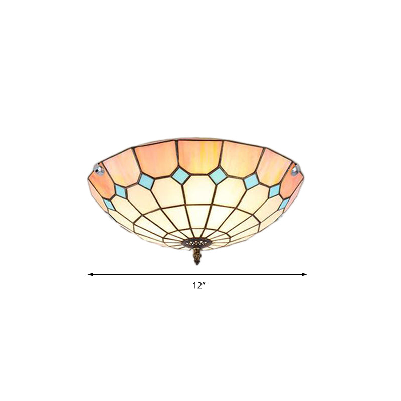 12’/16’/19.5’ Wide Pink Tiffany Ceiling Light With Grid Glass Bowl Shade - Perfect For Living