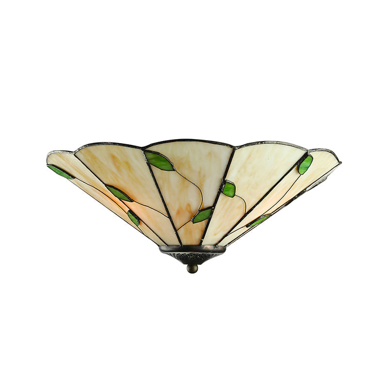 Tiffany Stained Glass Ceiling Light With Geometric Design And Leaf Theme (3 Lights White/Beige