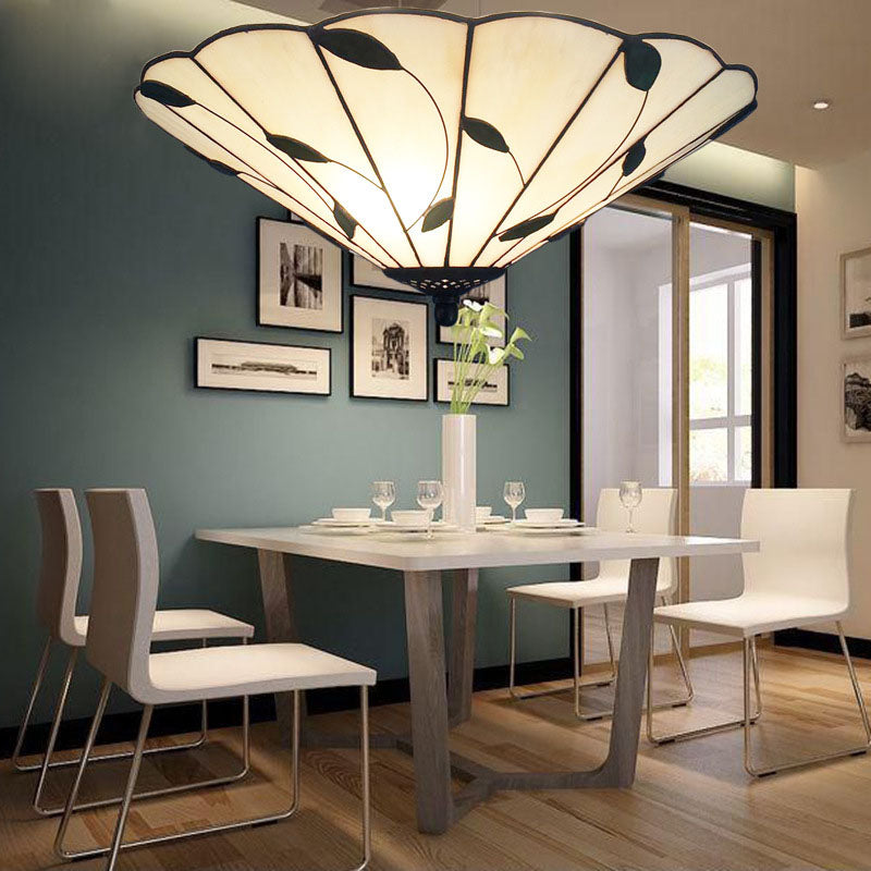 Tiffany Stained Glass Ceiling Light With Geometric Design And Leaf Theme (3 Lights White/Beige
