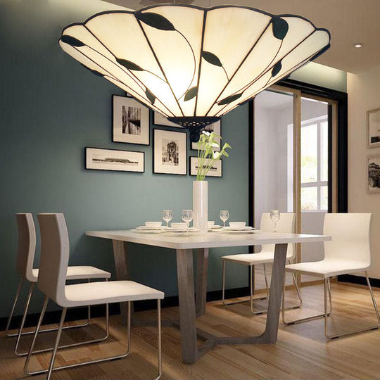 Tiffany Stained Glass Ceiling Light With Geometric Design And Leaf Theme (3 Lights White/Beige