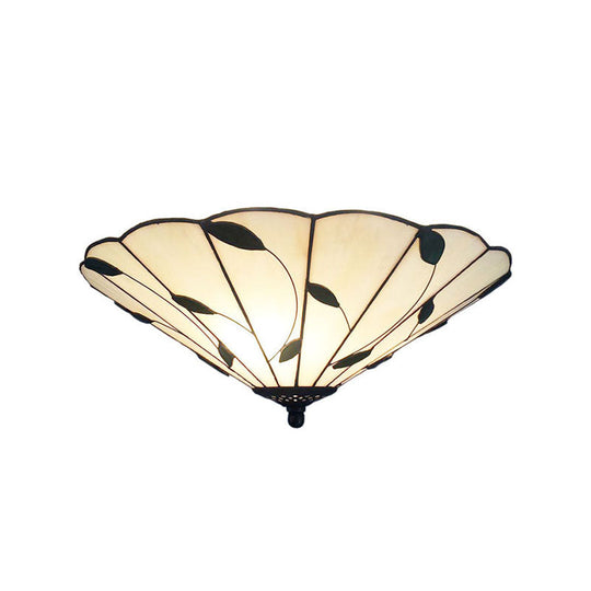 Tiffany Stained Glass Ceiling Light With Geometric Design And Leaf Theme (3 Lights White/Beige