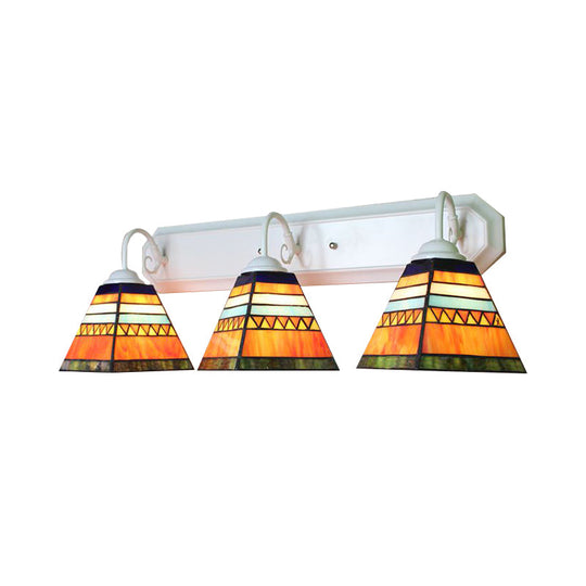 Tiffany Stained Glass Pyramid Sconce With 3 Orange Lamp Heads - Wall Mounted Light Fixture
