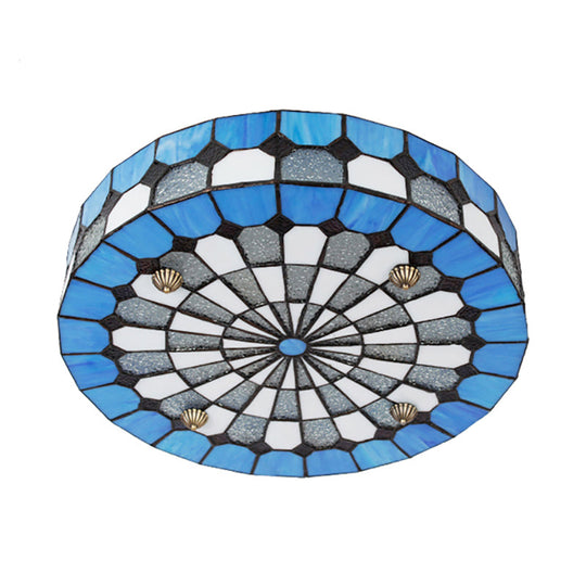 Tiffany Style Stained Glass Round Ceiling Light Fixture - Blue 16/23.5 Flushmount With 3/4 Lights