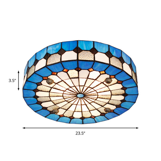 Tiffany Style Stained Glass Round Ceiling Light Fixture - Blue 16/23.5 Flushmount With 3/4 Lights
