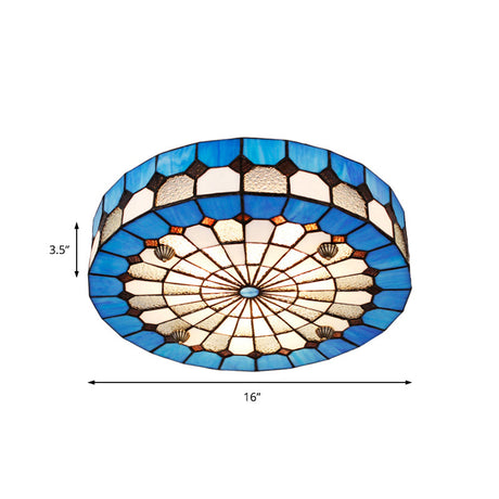 Tiffany Style Stained Glass Round Ceiling Light Fixture - Blue 16/23.5 Flushmount With 3/4 Lights