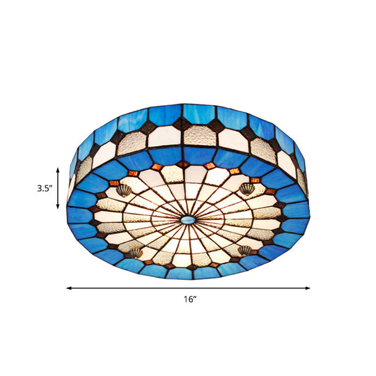 Tiffany Style Stained Glass Round Ceiling Light Fixture - Blue 16/23.5 Flushmount With 3/4 Lights