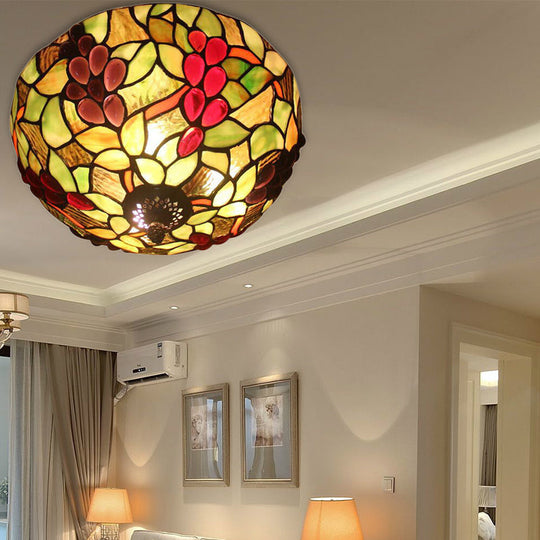 2 - Light Stained Glass Grape Ceiling Flushmount For Bedroom Lighting In Lodge Style