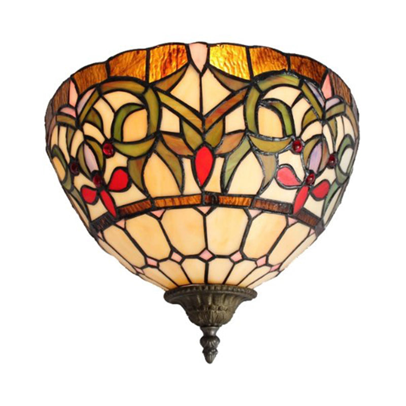 Stained Glass Wall Sconce With Rustic Bowl Design - Multi-Colored 1 Bulb Lighting For Staircases