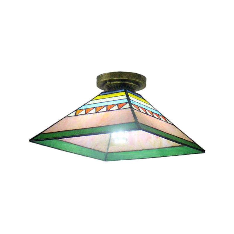 Stained Glass Mini Flush Mount Light For Kitchen - Pink/Orange Pyramid Craftsman Design