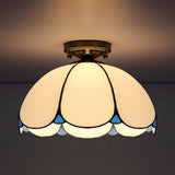 Scalloped Vintage Stained Glass Flush Mount Light - 1 In White/Beige/Blue Perfect For Living Room