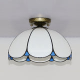 Scalloped Vintage Stained Glass Flush Mount Light - 1 In White/Beige/Blue Perfect For Living Room