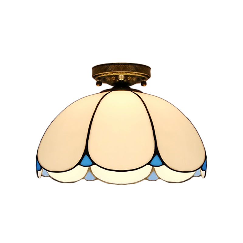 Scalloped Vintage Stained Glass Flush Mount Light - 1 In White/Beige/Blue Perfect For Living Room
