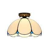 Scalloped Vintage Stained Glass Flush Mount Light - 1 In White/Beige/Blue Perfect For Living Room